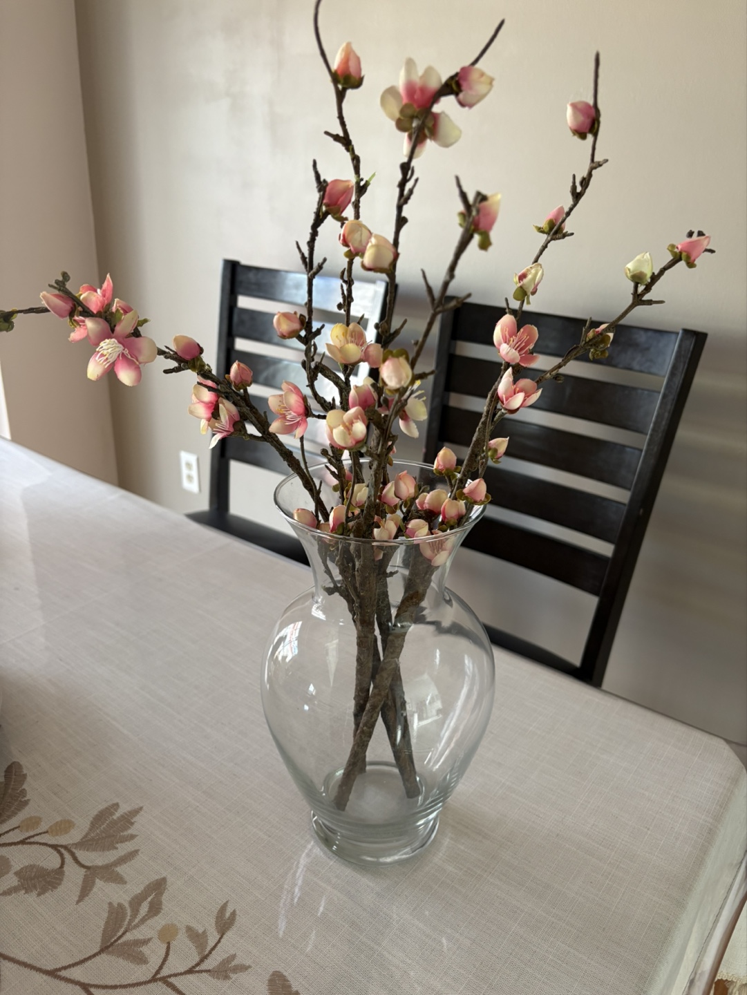 Artificial Pink Blossom Branches in Clear Glass Vase