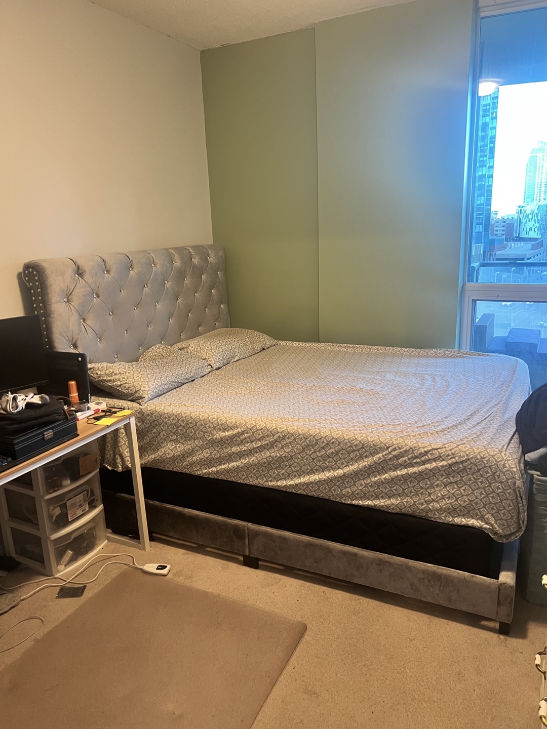 Queen Size Grey Velvet Bed Frame with Headboard and Box Frame