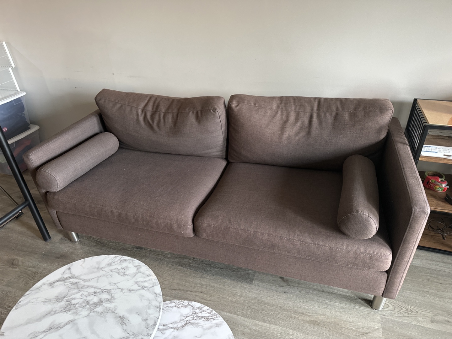 Brown Two-Seater Sofa with Bolster Pillows