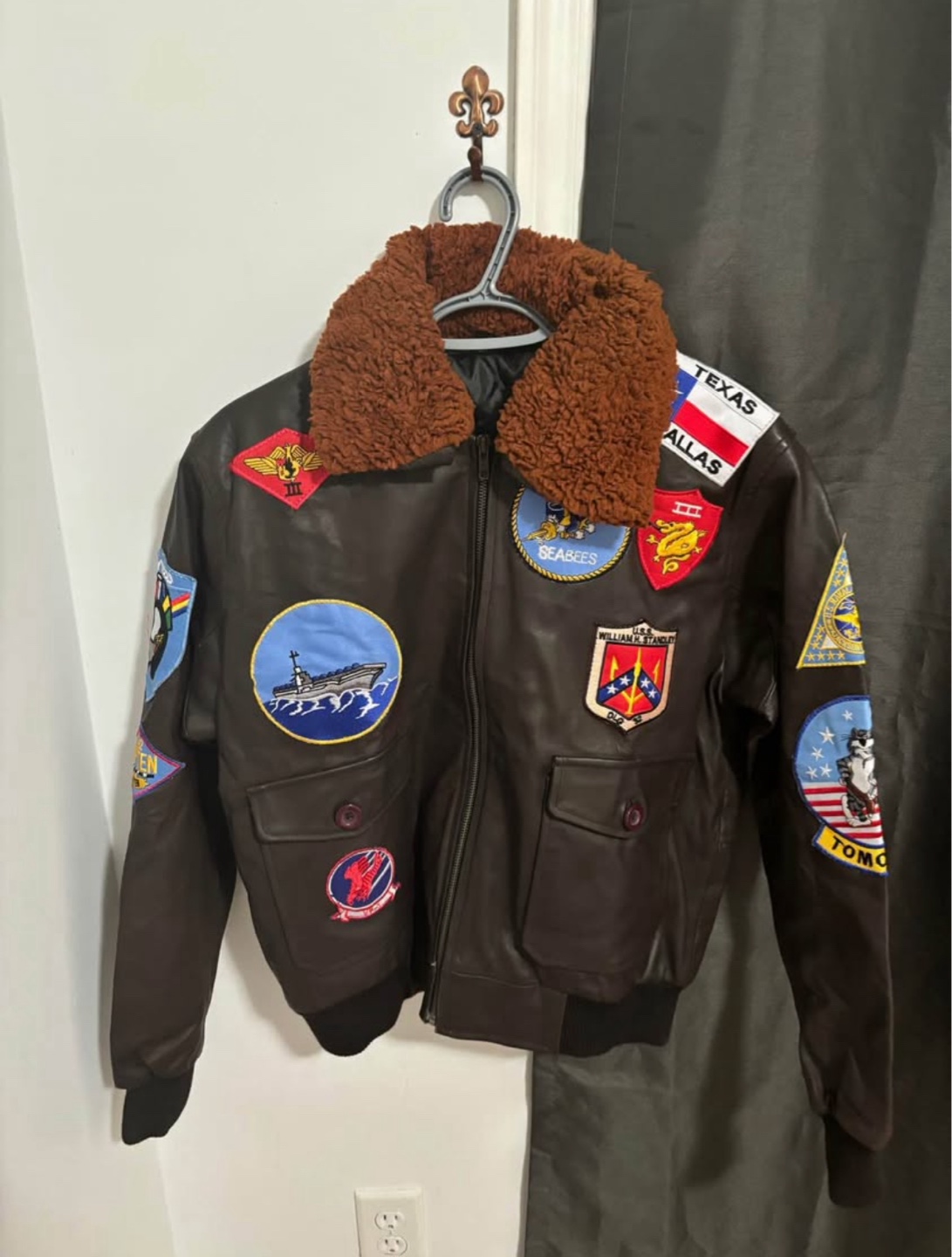 Vintage Leather Bomber Jacket with Patches