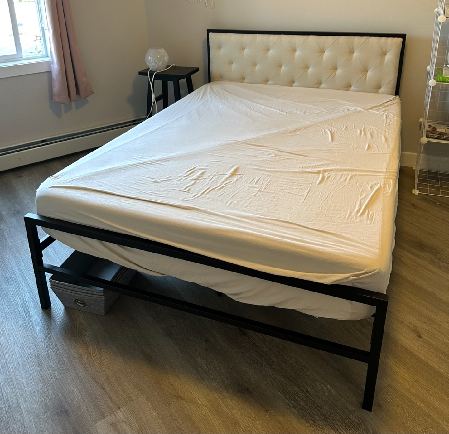 Queen Size Metal Bed Frame with Upholstered Headboard