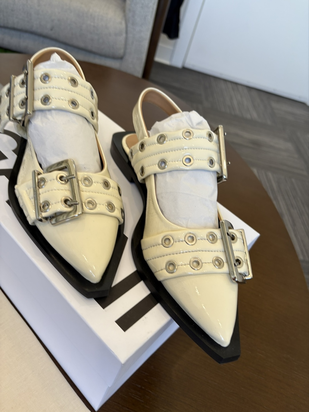 Ganni Cream Leather Buckle Slingback Pointed Toe Flats - photo 2