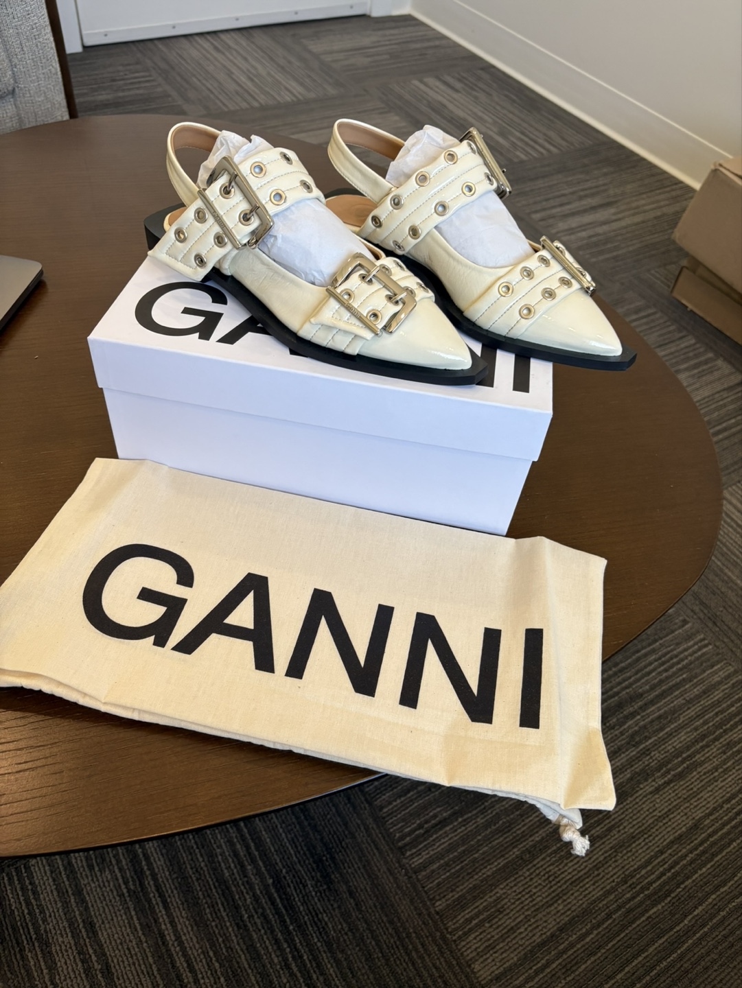 Ganni Cream Leather Buckle Slingback Pointed Toe Flats