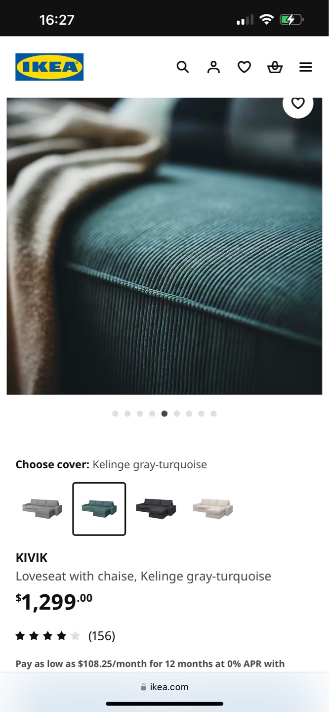 IKEA KIVIK Loveseat with Chaise, Kelinga Gray-Turquoise - photo 5