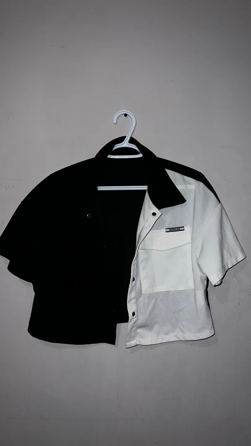 Two-toned black and white cropped button-up shirt and skirt image indicator(2)