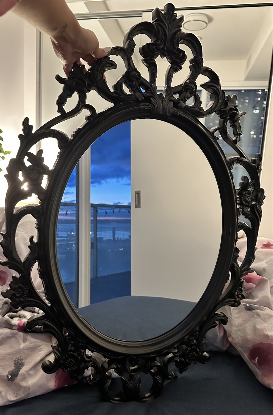 Vintage Ornate Black Oval Mirror