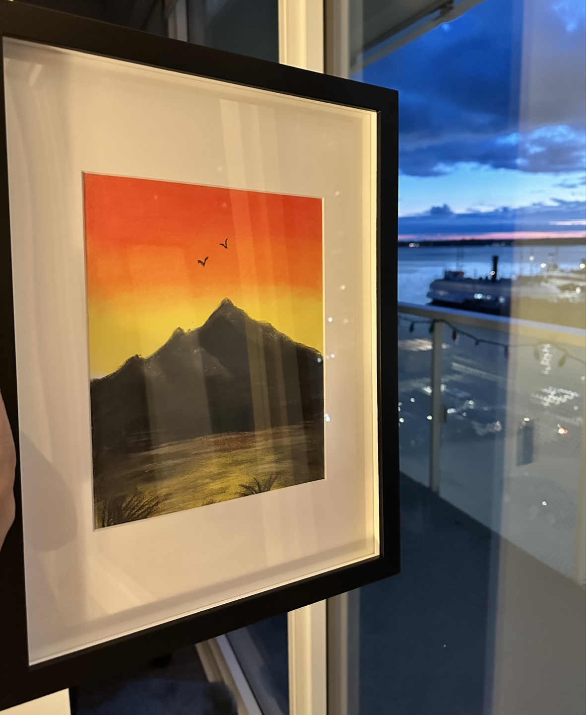 Handmade Framed Sunset Mountain Landscape Painting