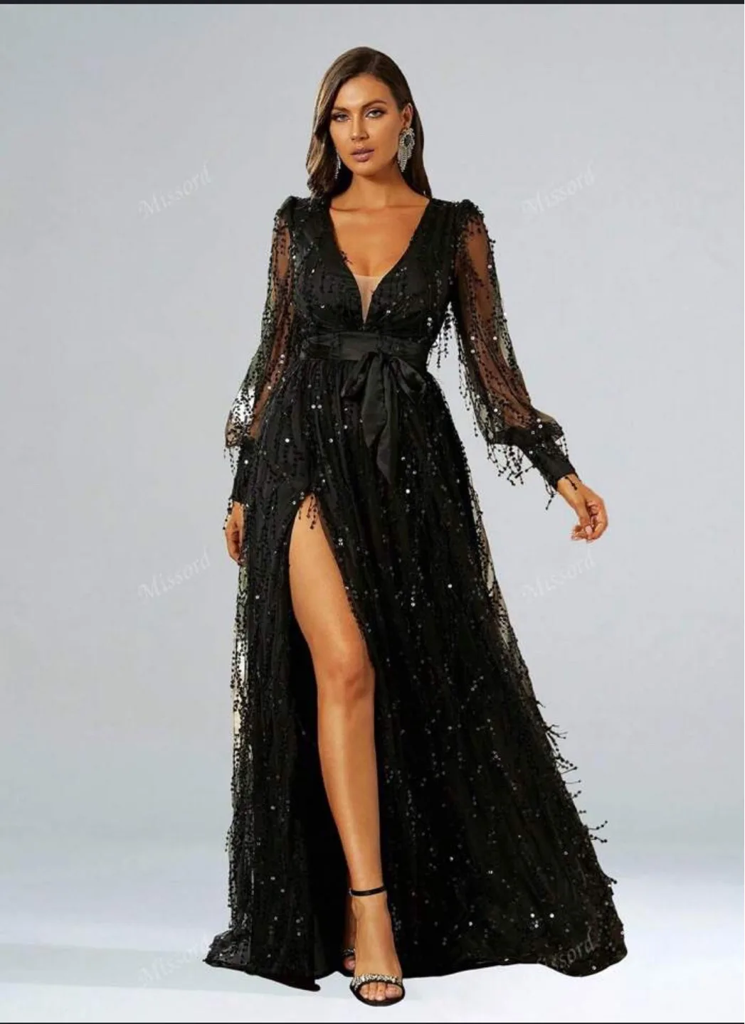 New Black Sequin Maxi Dress with High Leg Slit image indicator(4)