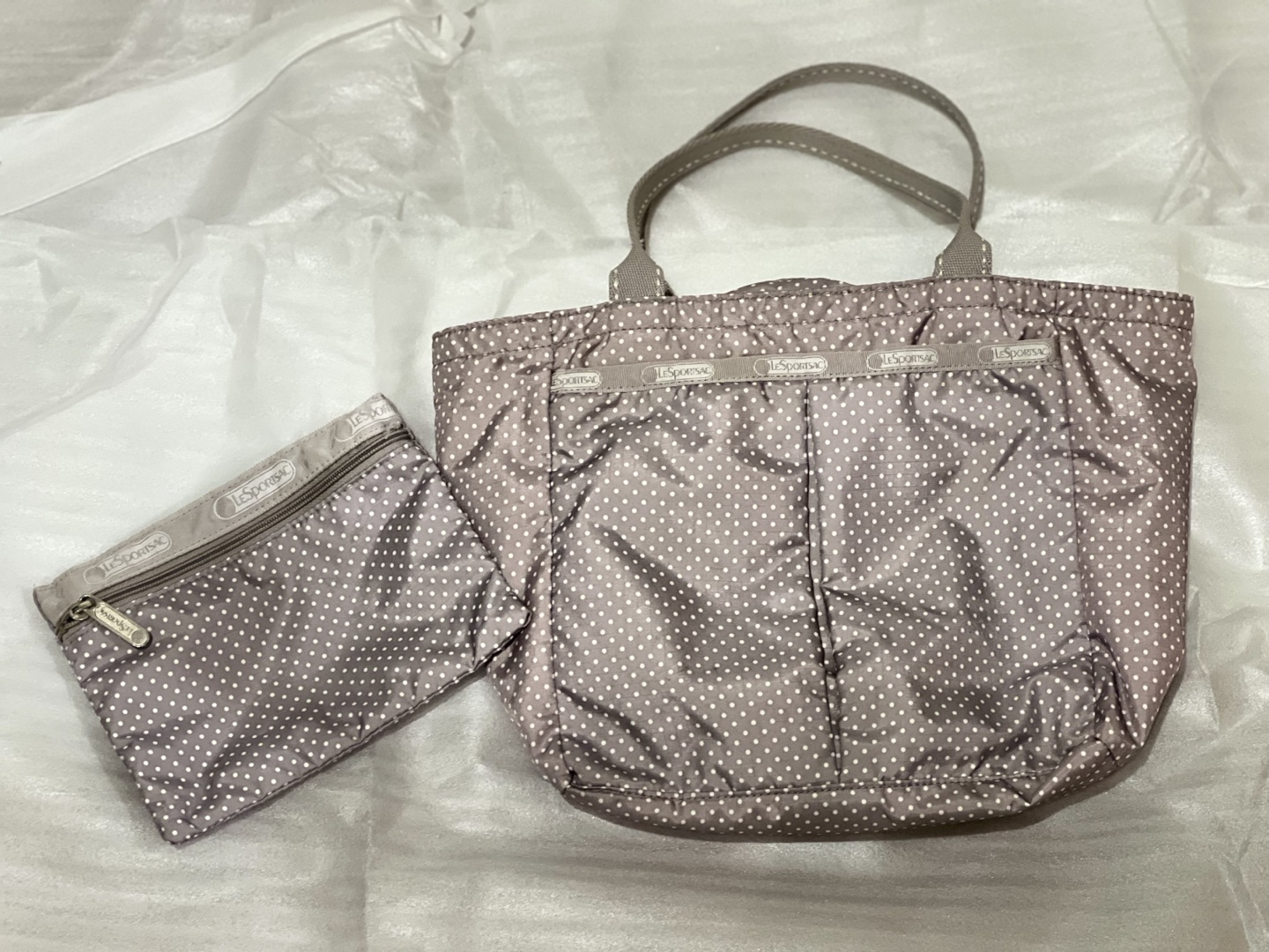 Lesportsac Small Tote Bag with Pouch - Grey Polka Dot