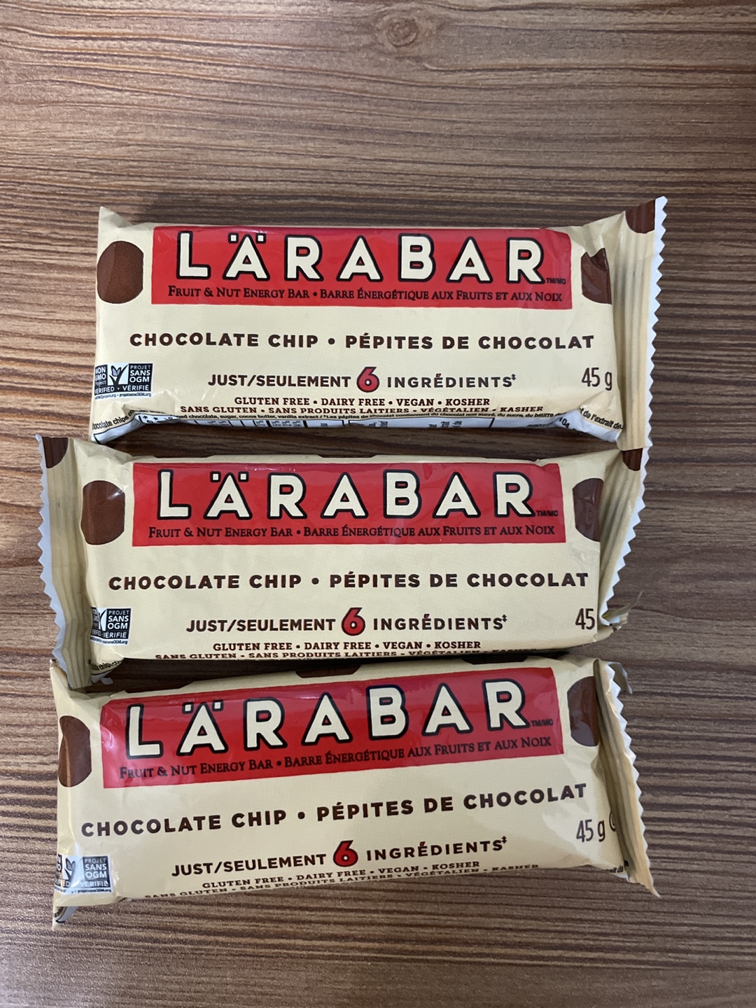 Three LÄRABAR Chocolate Chip Protein bar