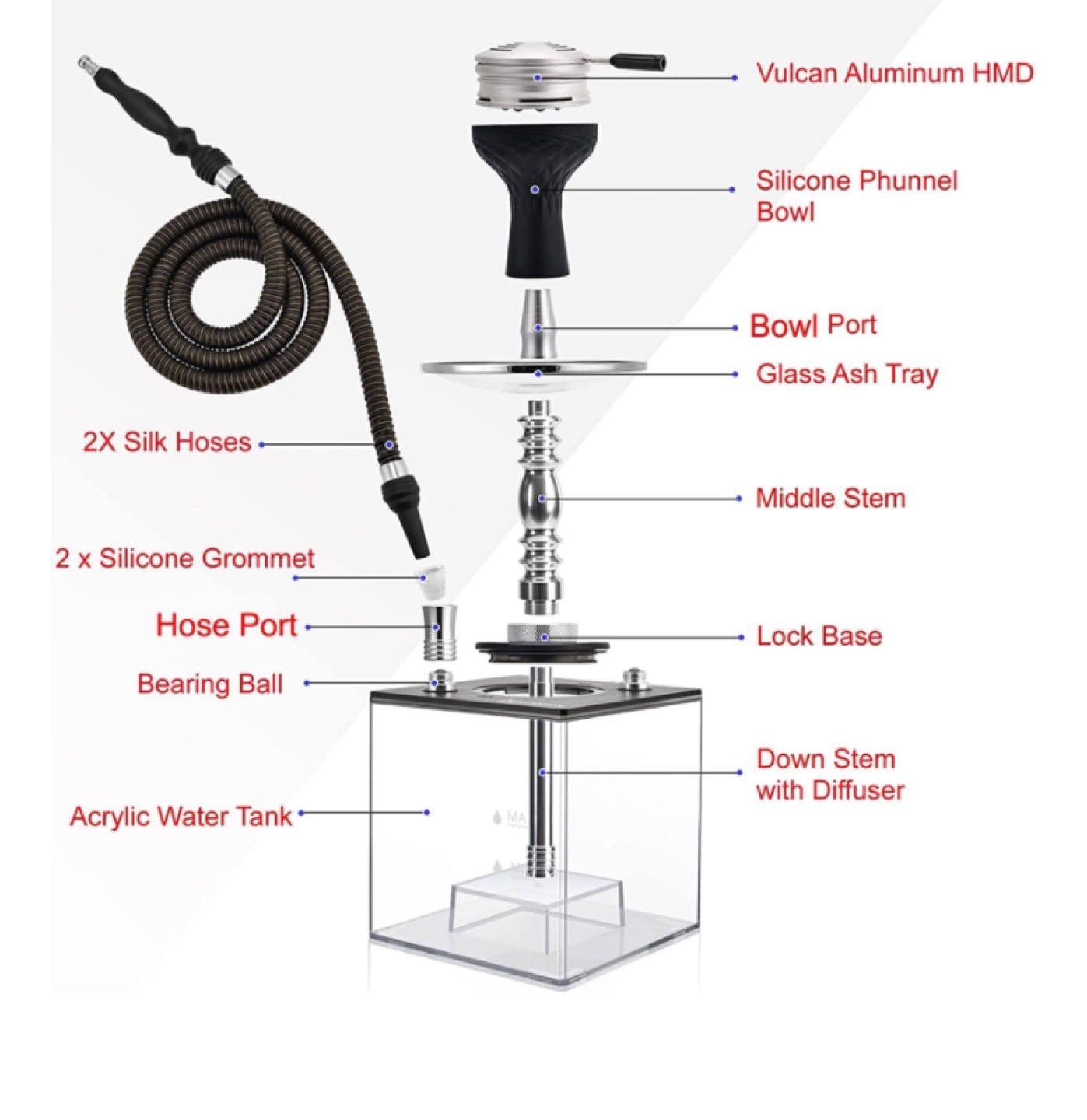 Upgrade Kitoshun 2 Hose Hookah, Acrylic Base, LED Light,m - New - photo 2