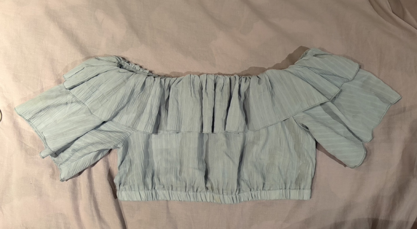Light Blue Off-the-Shoulder Ruffle Crop Top, Size L