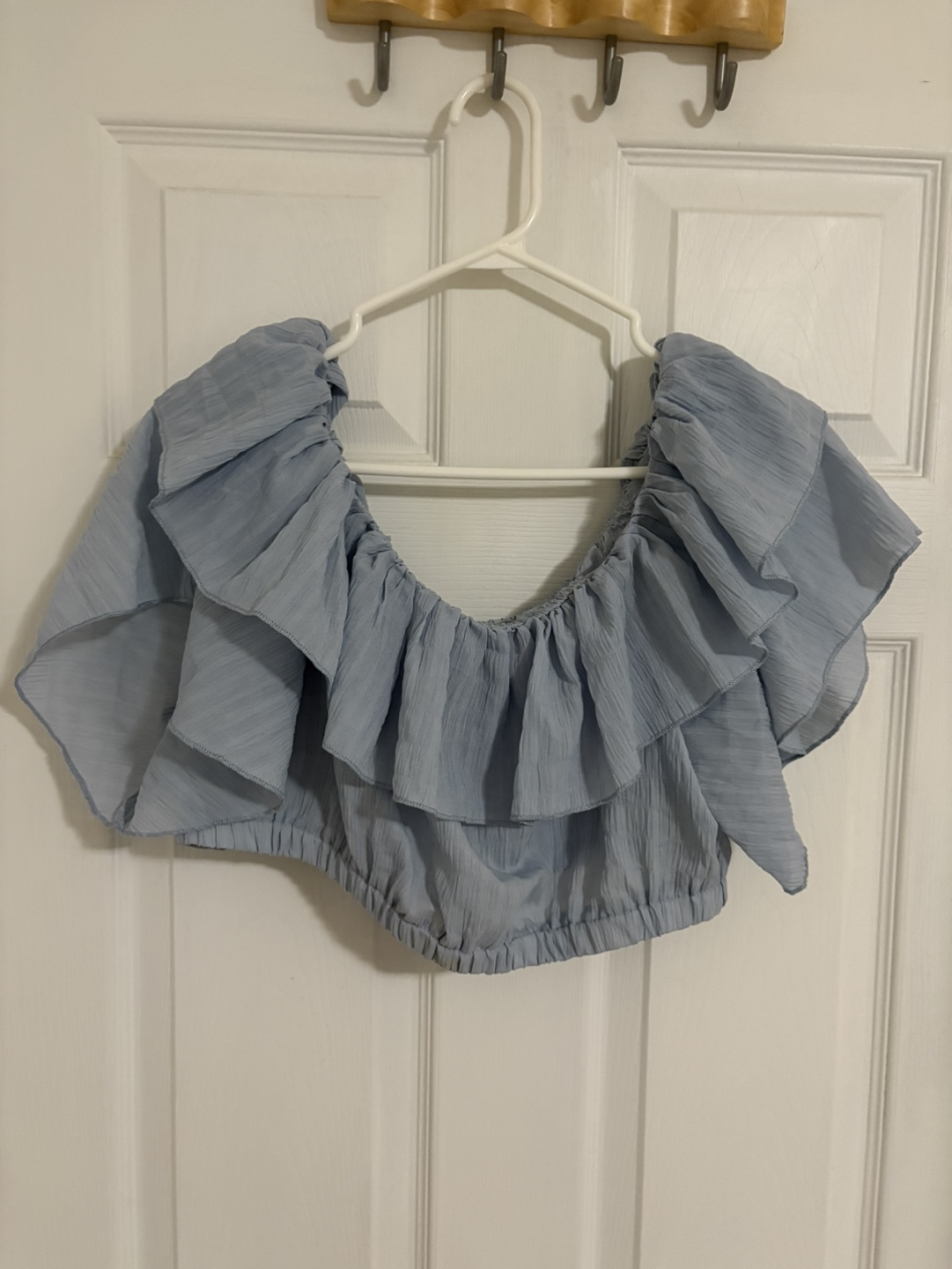 Light Blue Off-the-Shoulder Ruffle Crop Top, Size L - photo 2