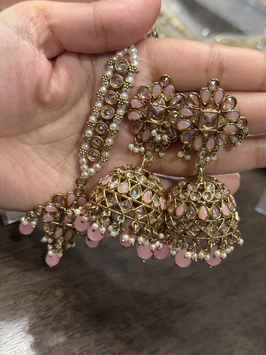 Baby pink kundan jhumka set : Pickup only