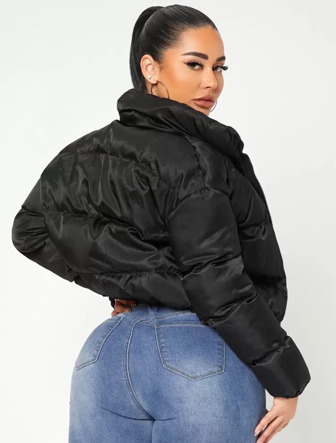 Women's Satin Puffer Jacket - Black or White - photo 2