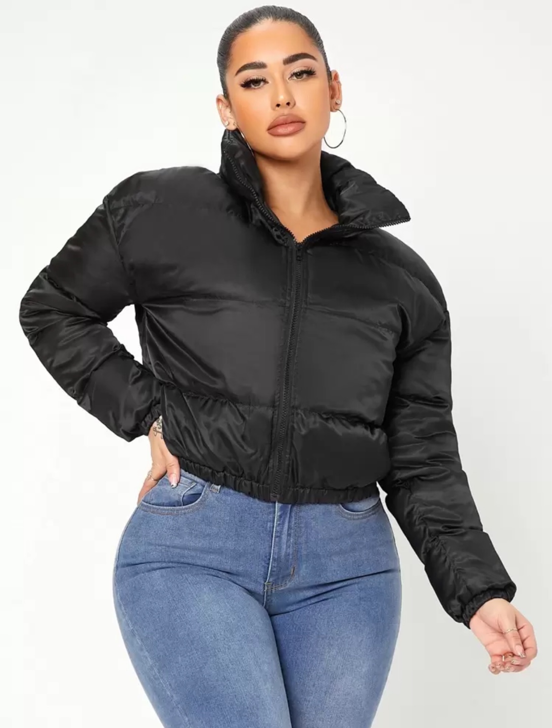 Women's Satin Puffer Jacket - Black or White - photo 3