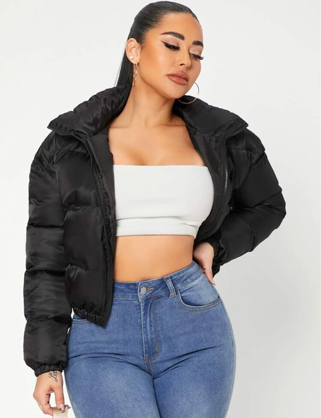 Women's Satin Puffer Jacket - Black or White