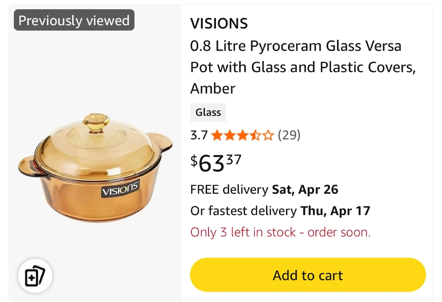 Corelle VISIONS Amber Glass Versa Pot 0.8L thumbnail