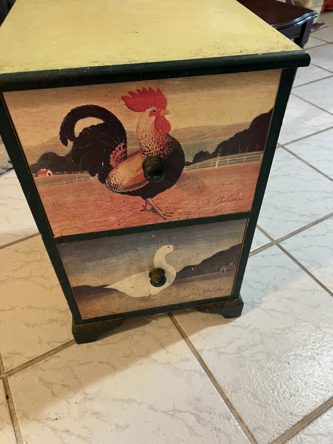 Vintage Rooster and Goose Two-Drawer Cabinet