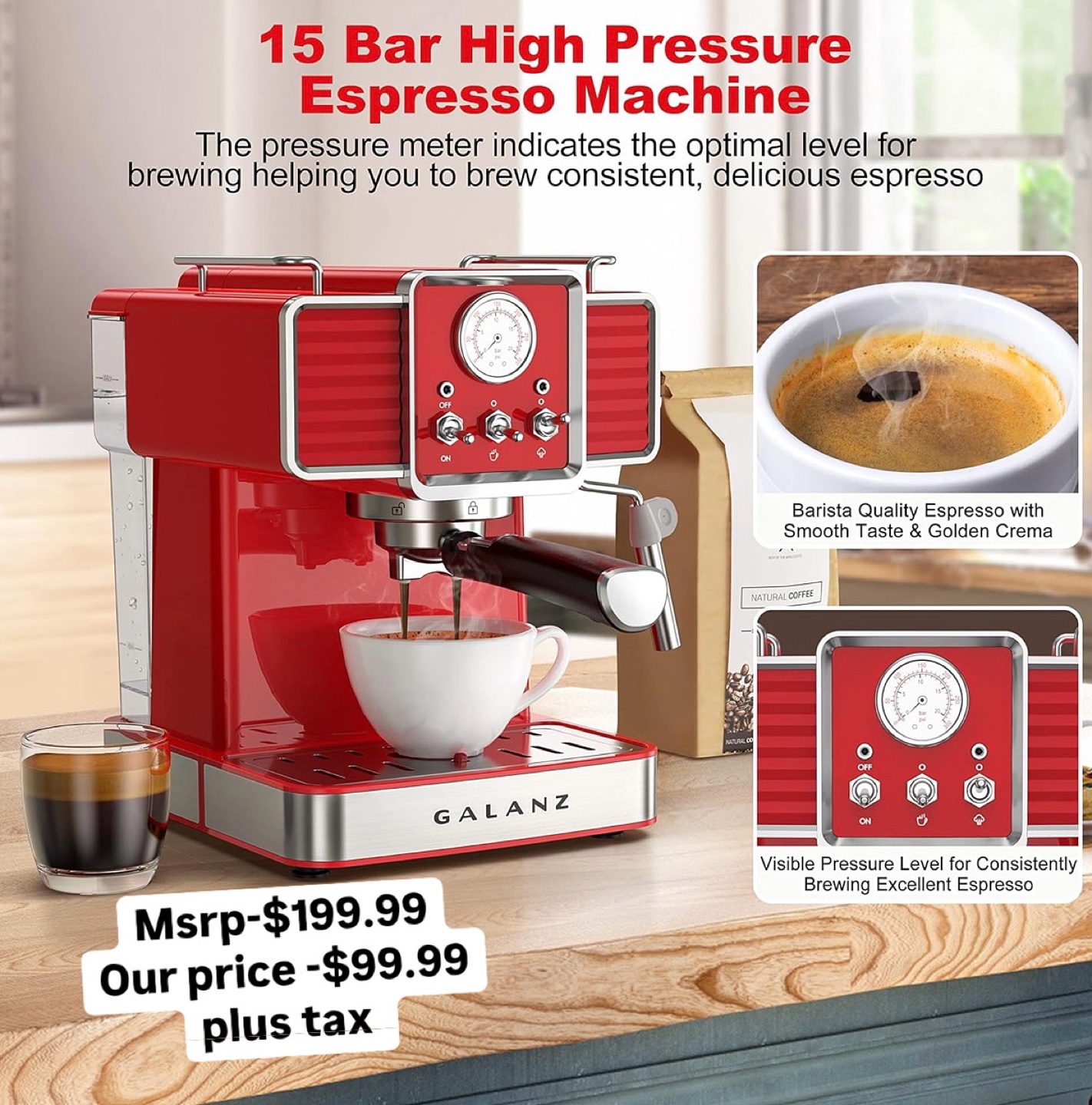 GalanZ 15 Bar High Pressure Espresso Machine - Red