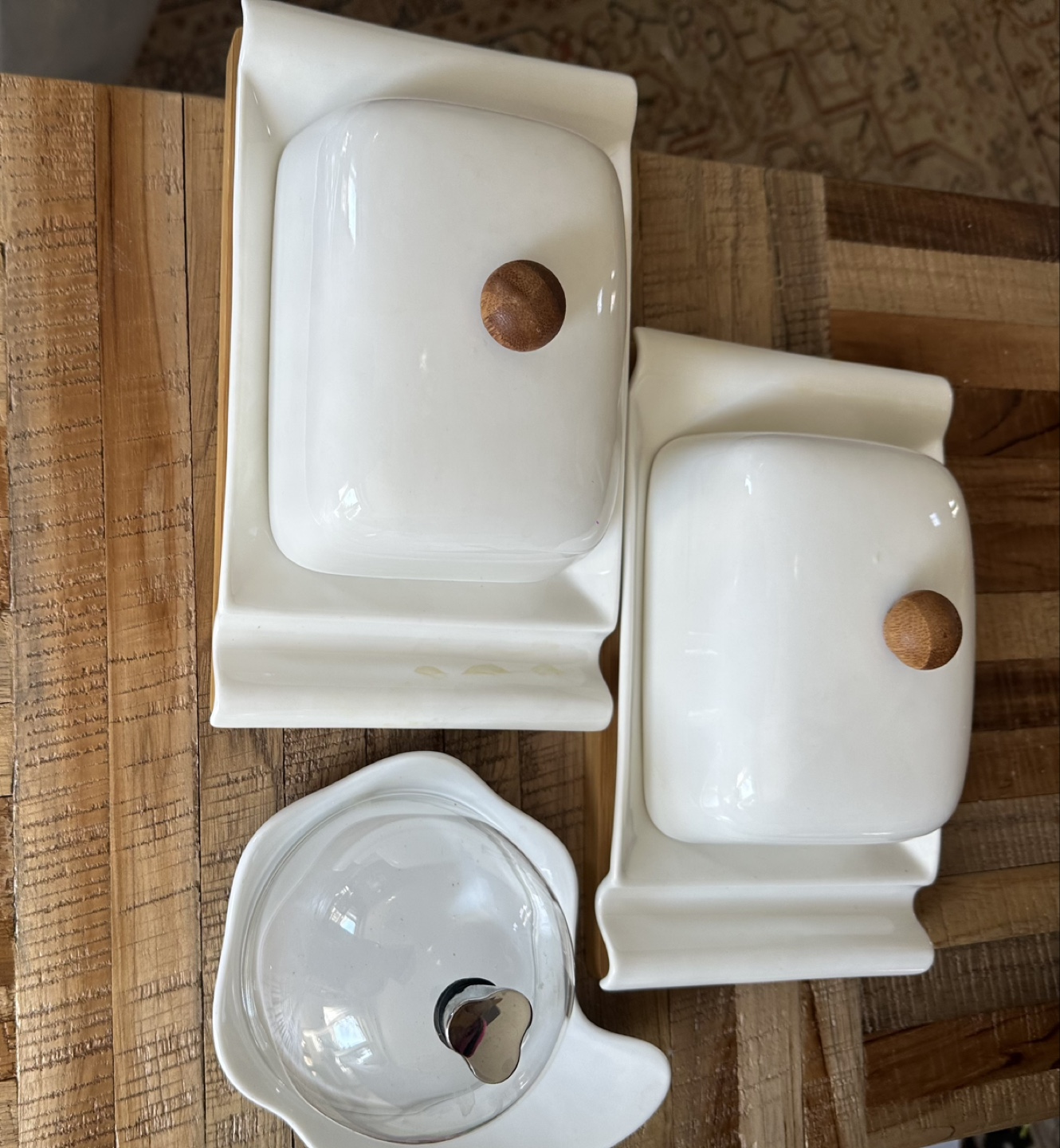 White Ceramic Butter Dishes with Wooden Knobs and Tray