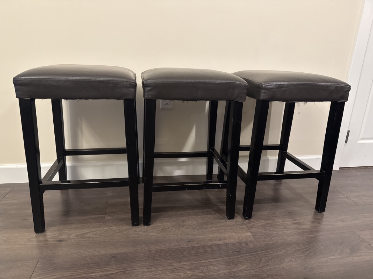 Three Brown Leather Bar Stools - photo 2