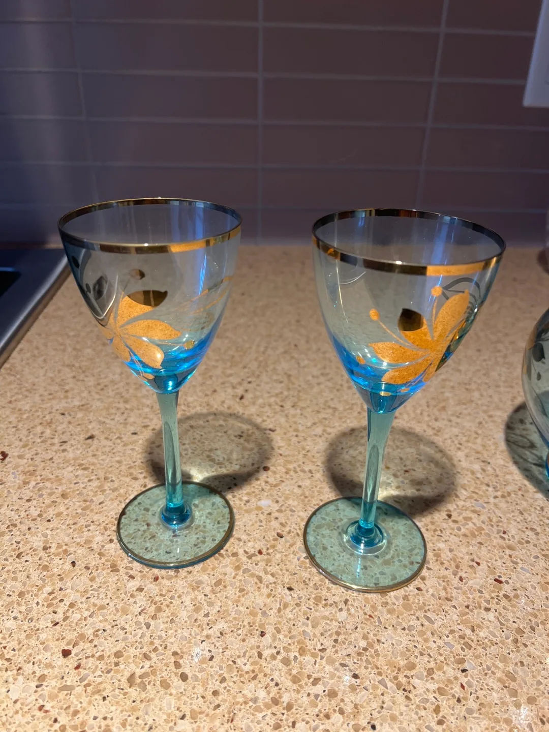 Set of Vintage Blue Glass Liquor Decanter with Gold Accents image indicator(2)