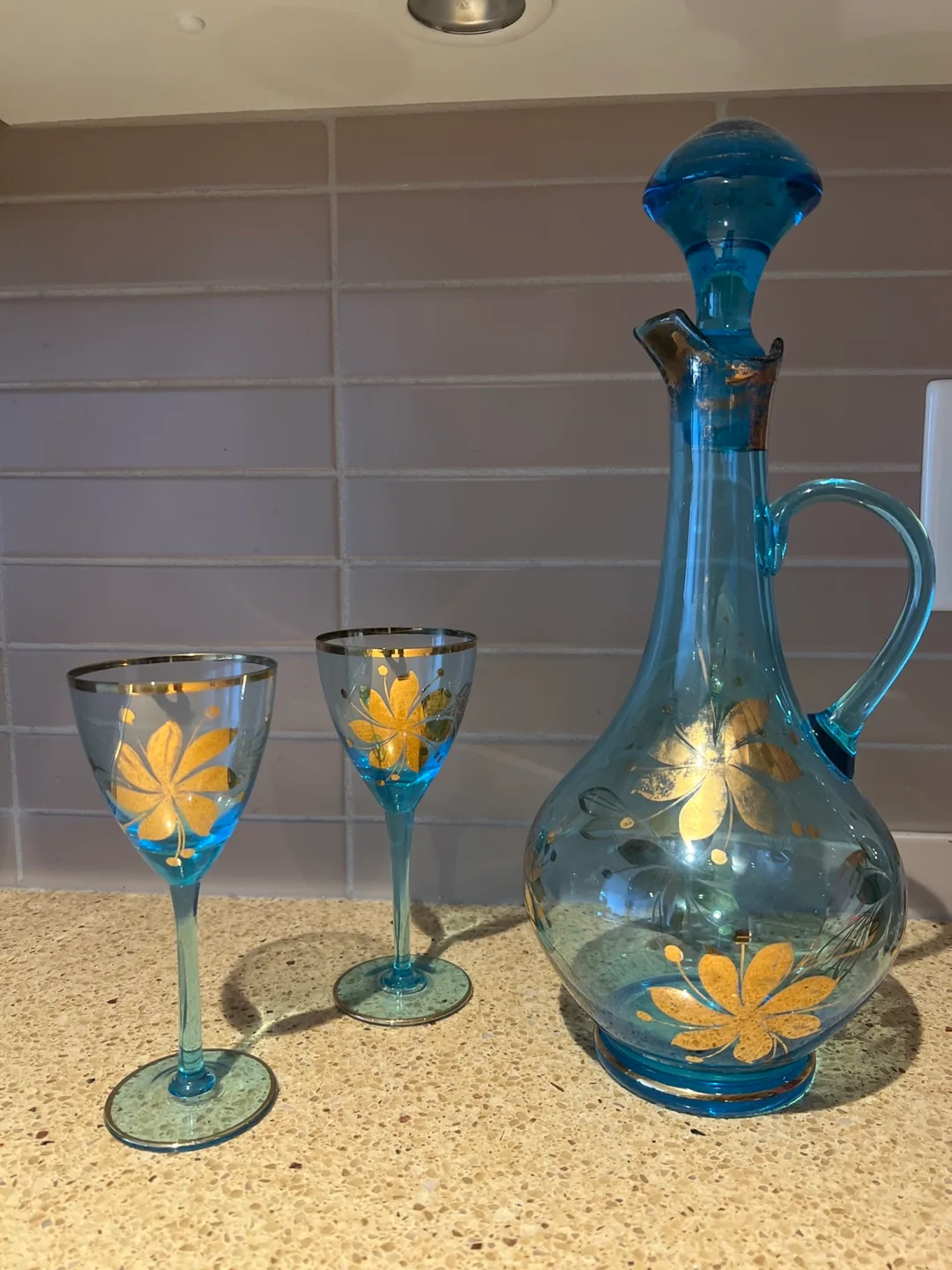 Set of Vintage Blue Glass Liquor Decanter with Gold Accents image indicator(4)