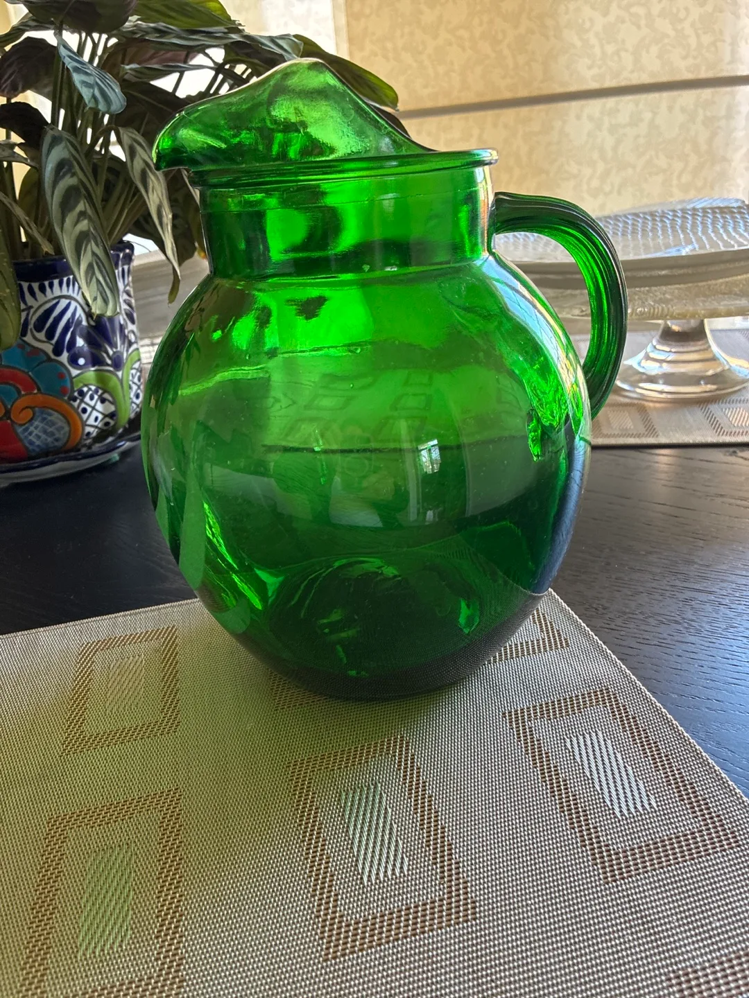 Vintage Emerald Green Glass Pitcher with Tulip Design image indicator(2)