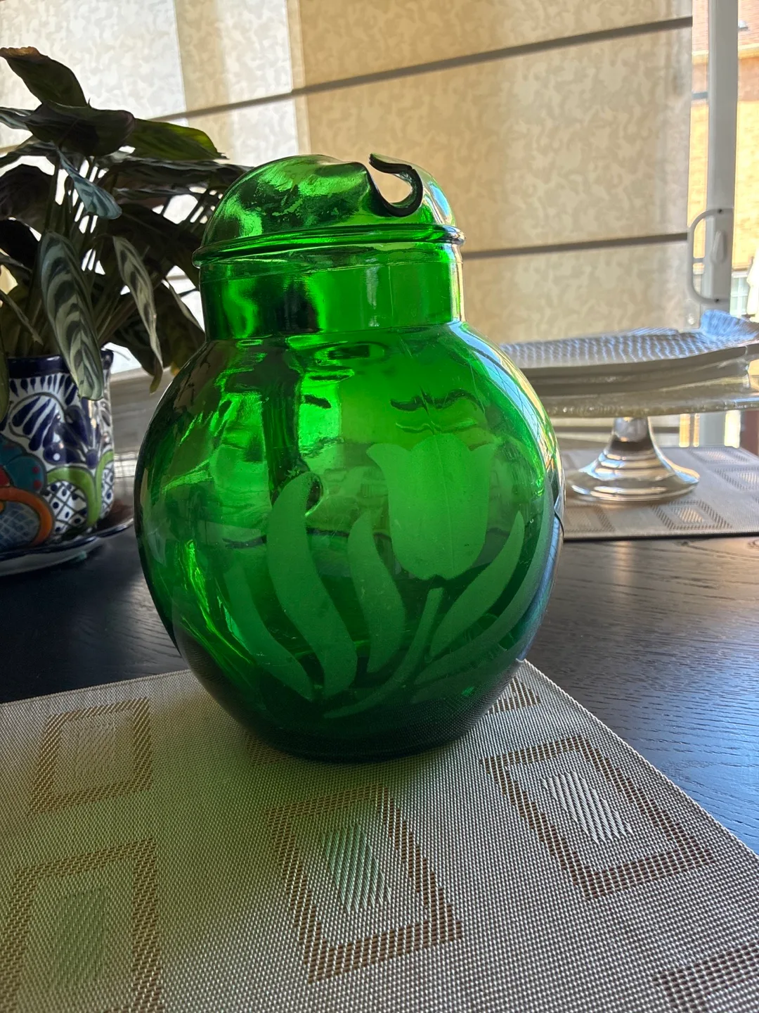 Vintage Emerald Green Glass Pitcher with Tulip Design image indicator(3)