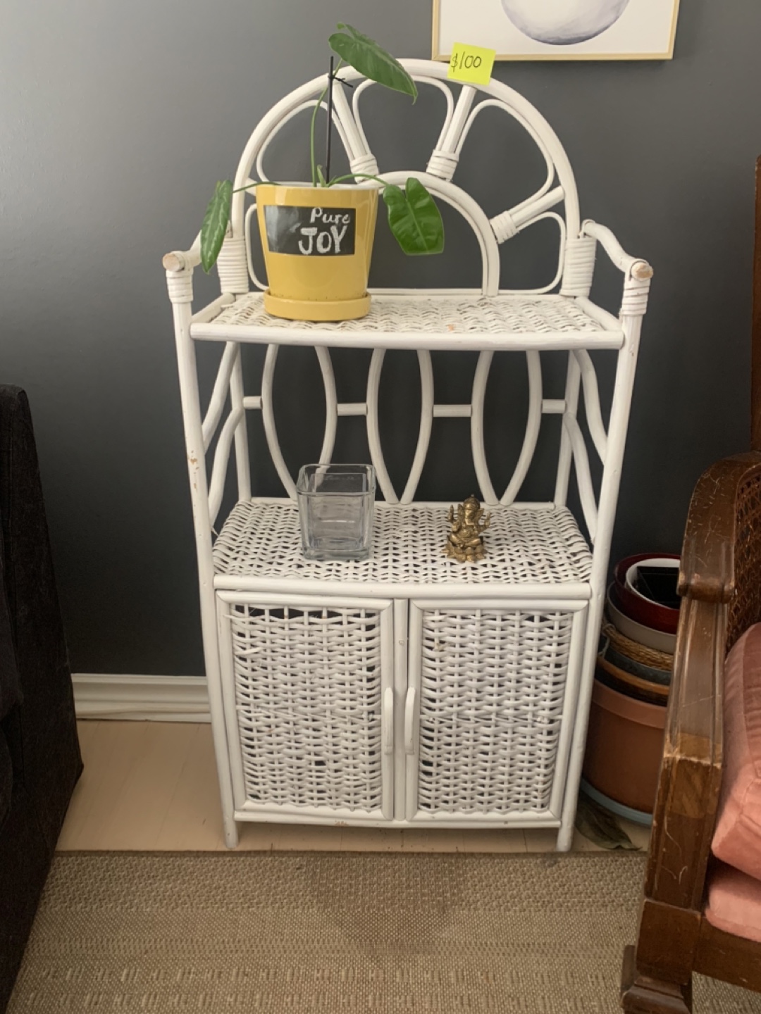 White Wicker Plant Stand with Cabinet 💚  *must go today*