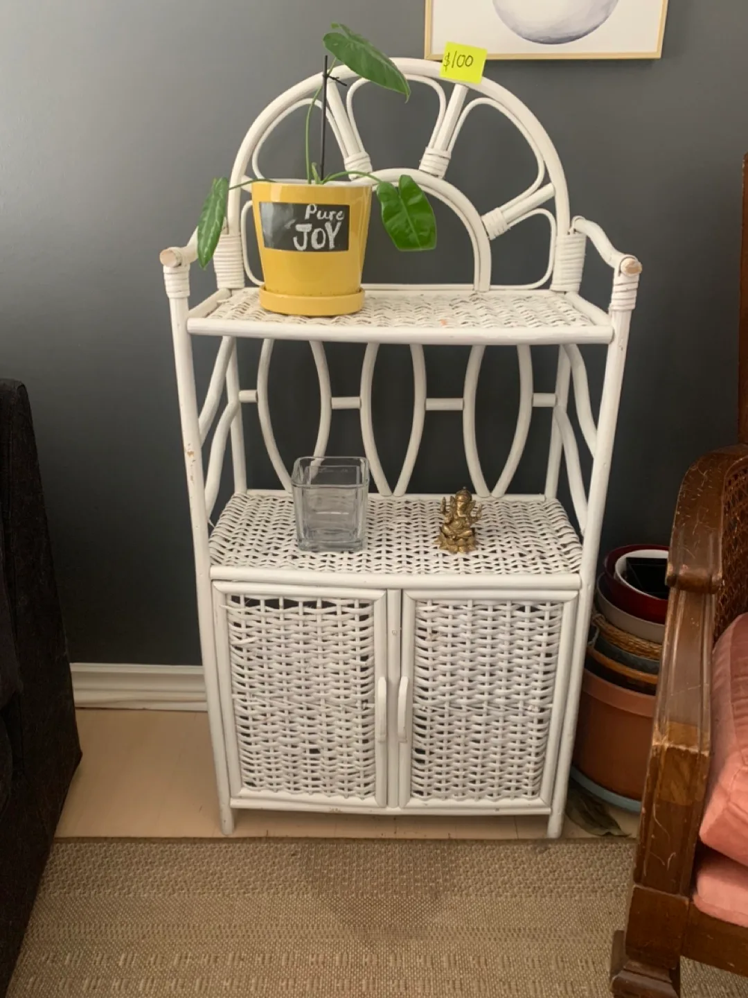 White Wicker Plant Stand with Cabinet 💚  *must go today* thumbnail