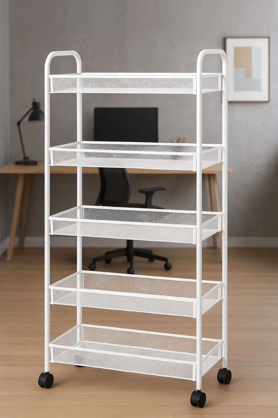 5 tiers White Metal Rolling Cart with wheels thumbnail