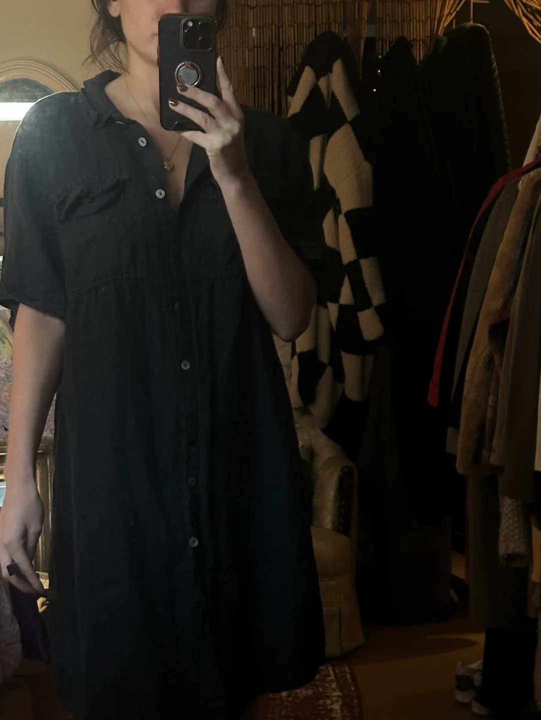 Black linen button-down shirt dress thumbnail