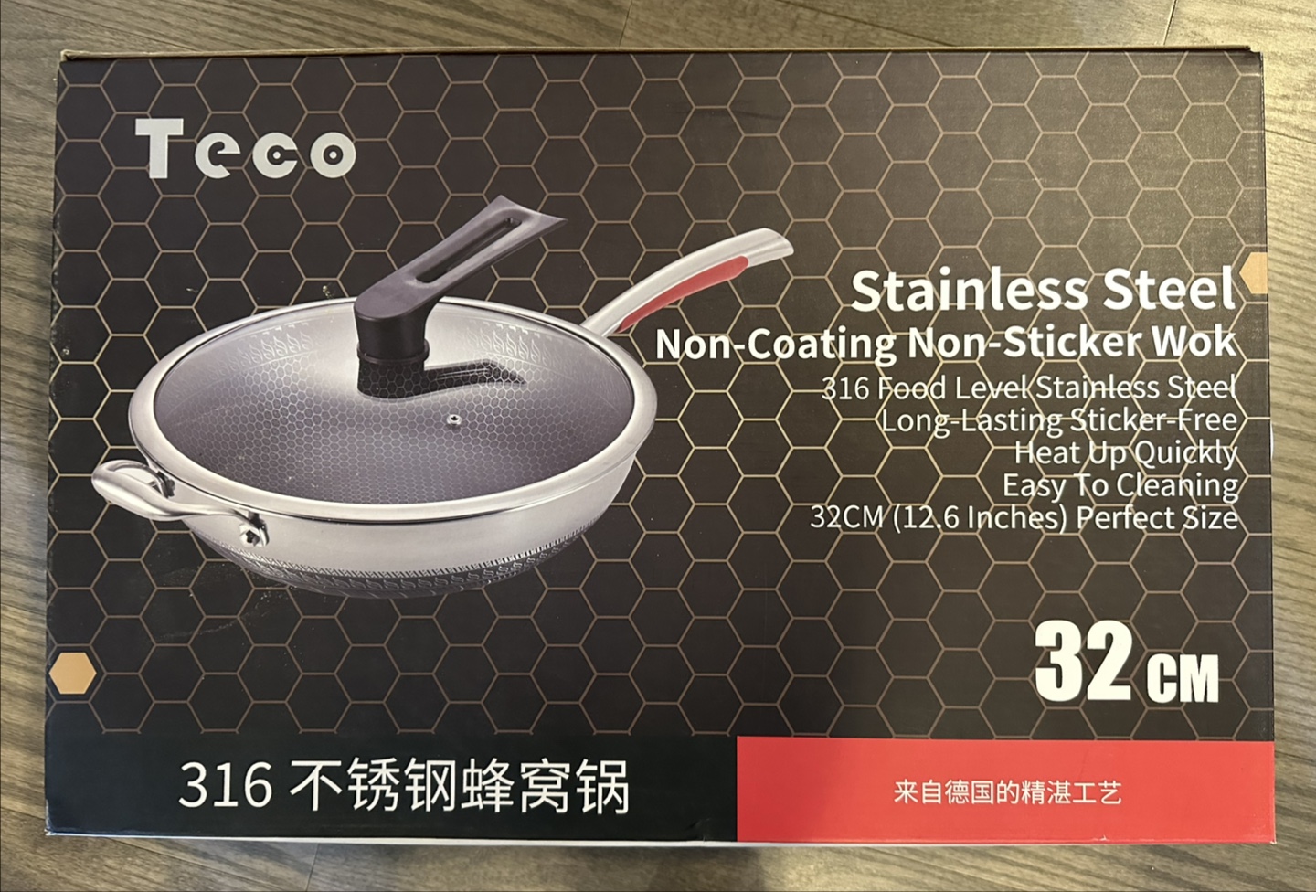 Teco 32cm Stainless Steel Non-Stick Wok with Lid