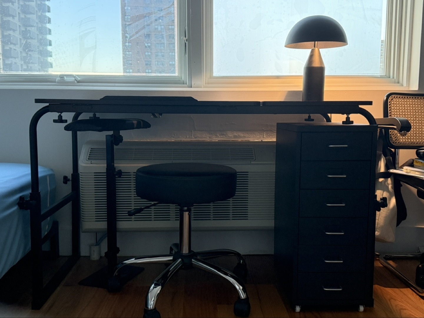 Black Adjustable Height Desk with Rolling Stool