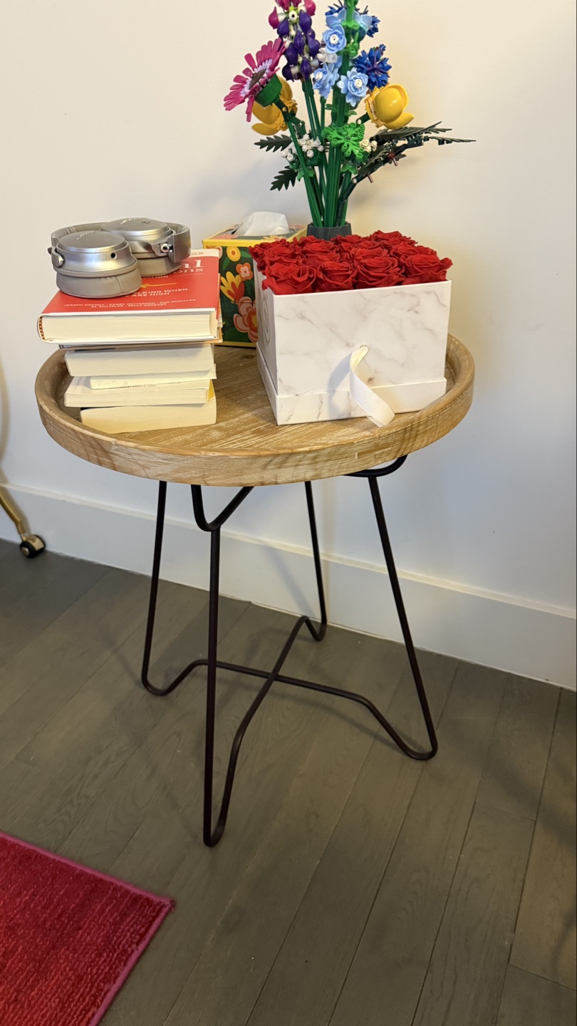 Round Wooden Side Table with Black Metal Legs