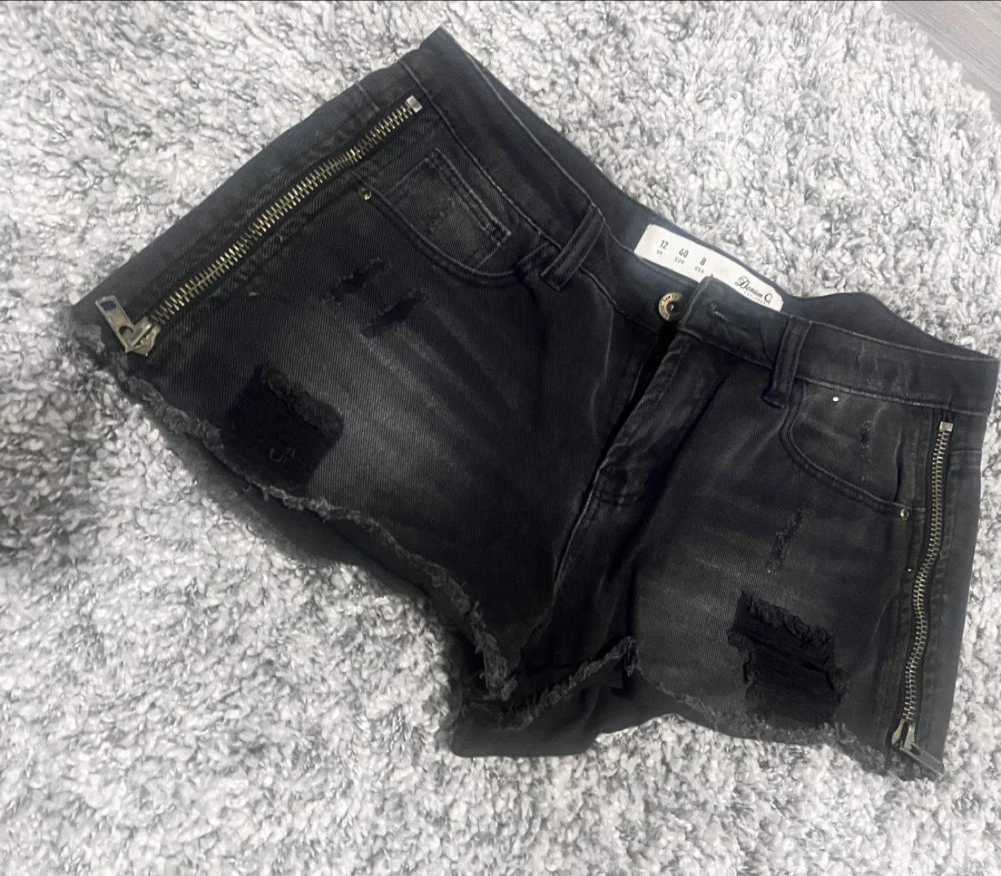 Declutter Sale - Black Distressed Denim Shorts with Side Zips thumbnail