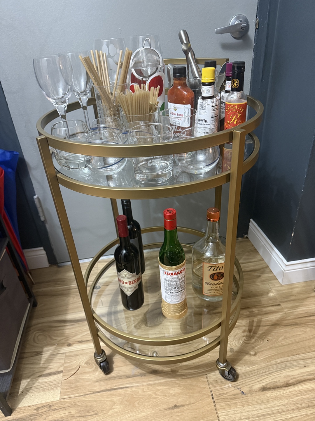 Gold Metal Bar Cart with Glass Shelves