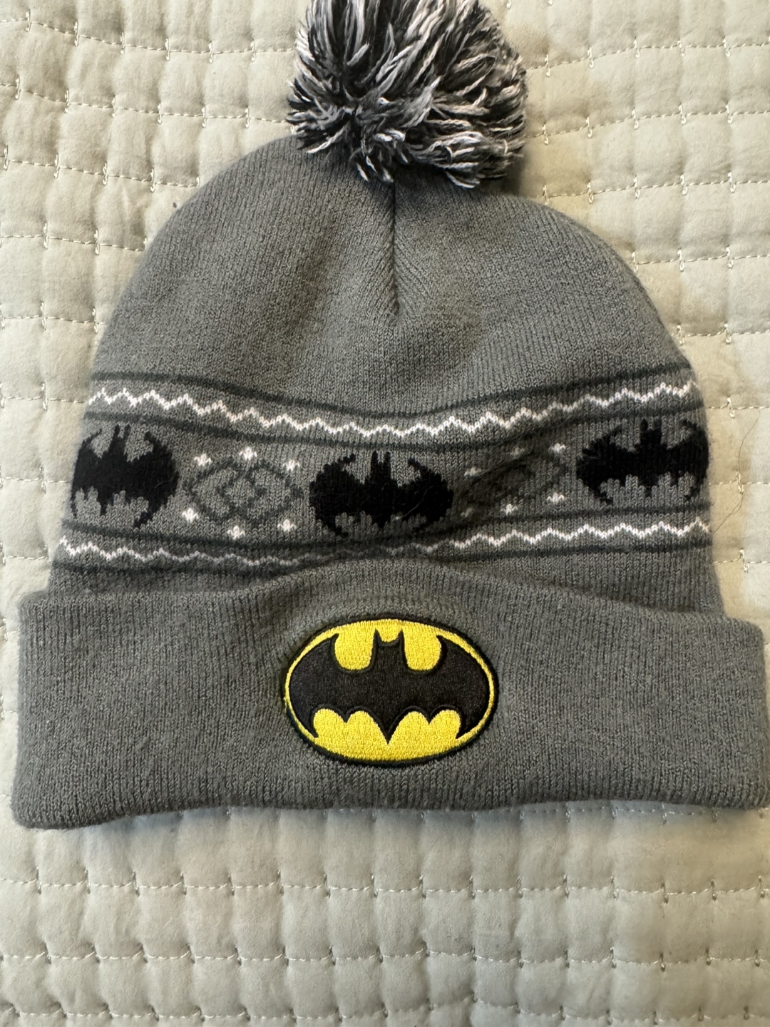 Gray Batman Knit Beanie with Pom Pom