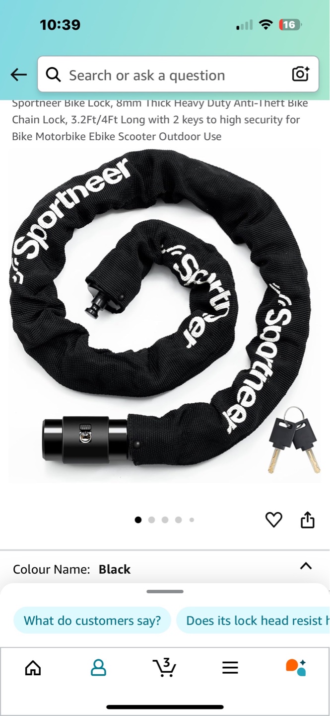 Sportneer Bike Chain Lock - 8mm Thick, 3.2ft/4ft Long, Black