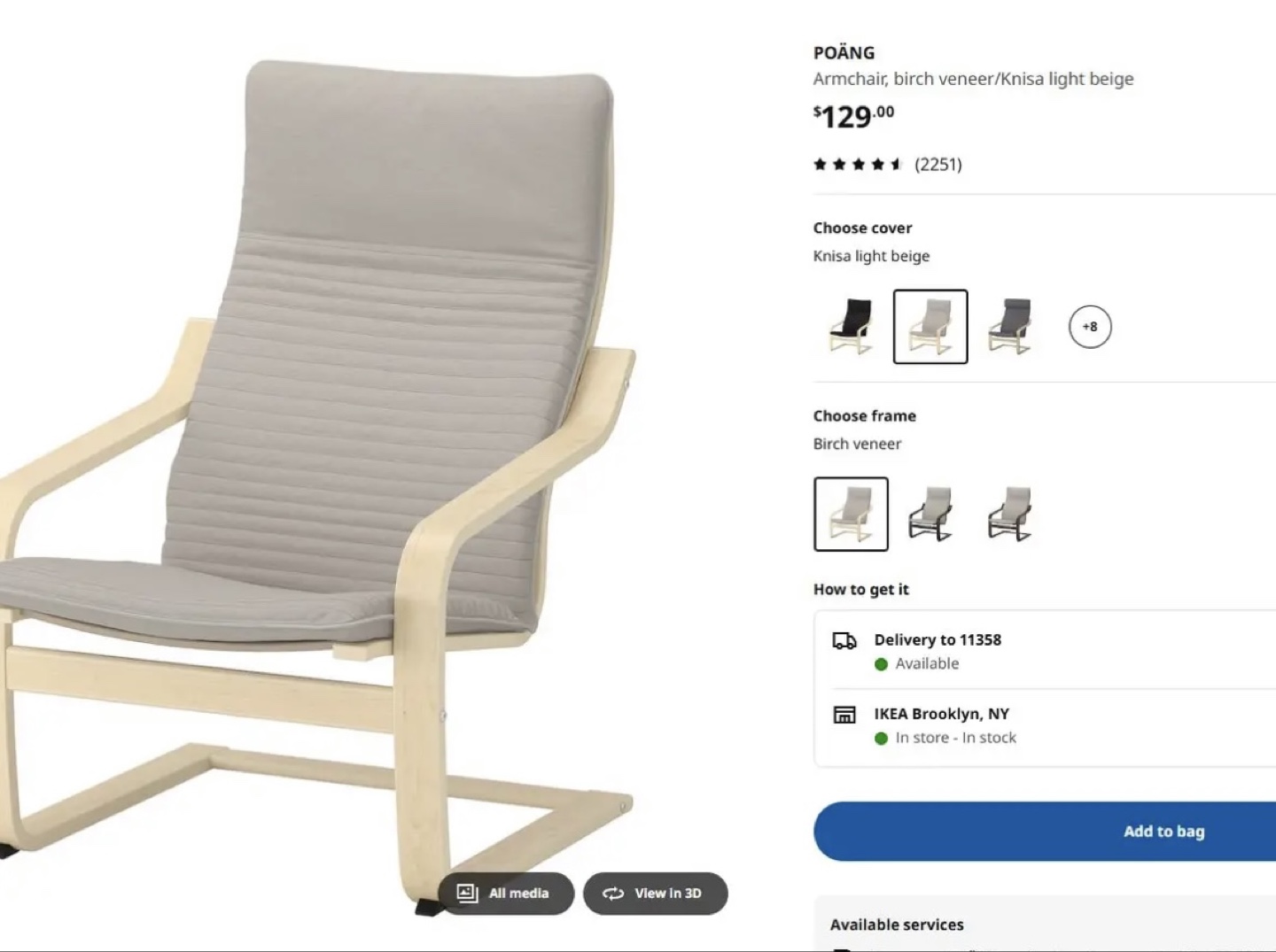 IKEA POÄNG armchair with light beige cover