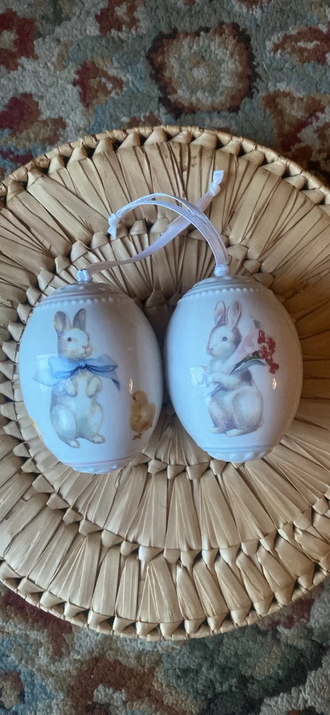 Pair of Vintage Easter Egg Ornaments with Bunnies and Chicks image indicator(4)