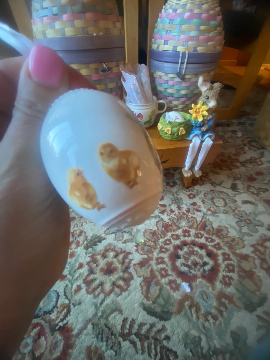 Pair of Vintage Easter Egg Ornaments with Bunnies and Chicks image indicator(2)