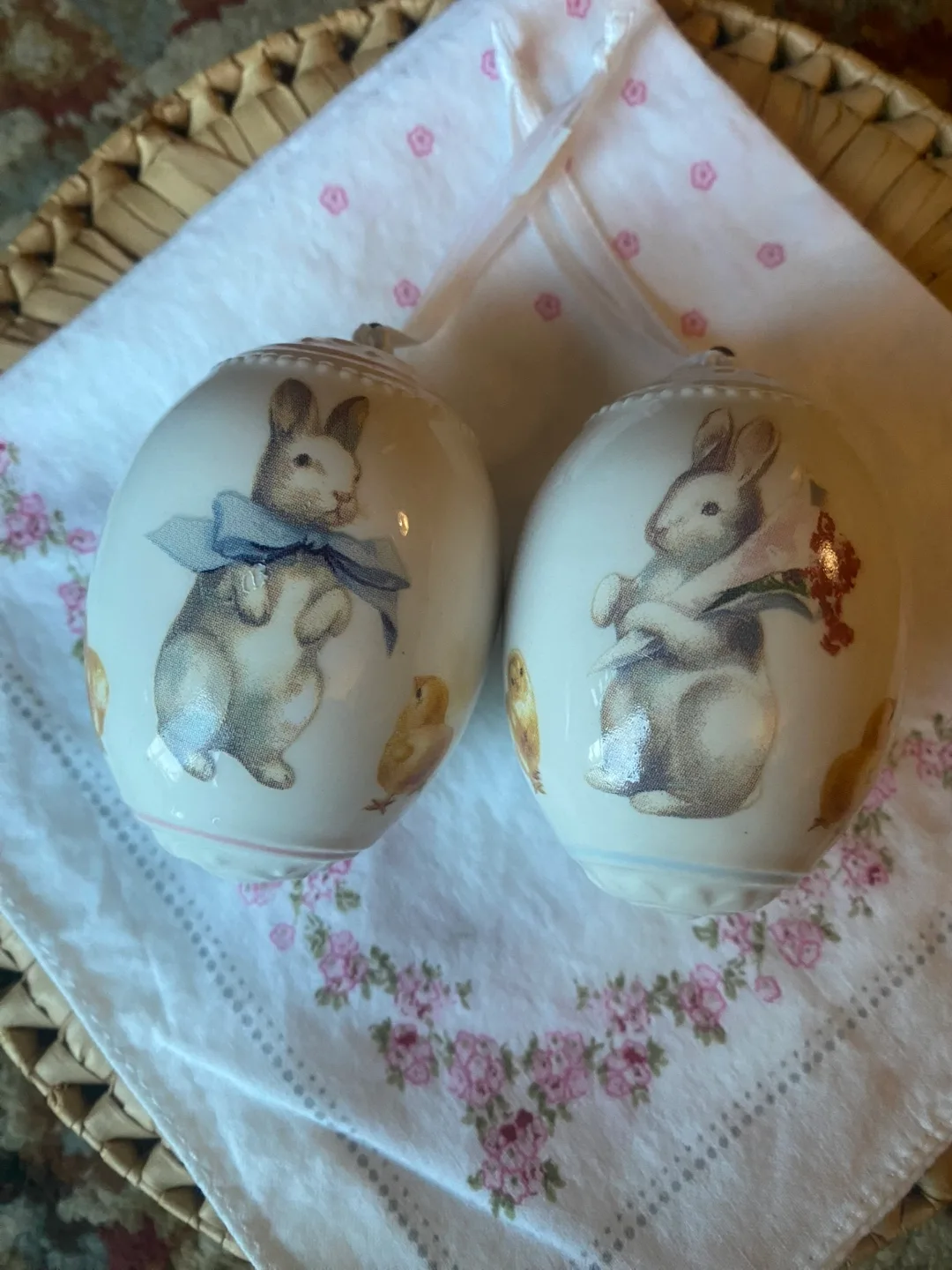 Pair of Vintage Easter Egg Ornaments with Bunnies and Chicks image indicator(3)