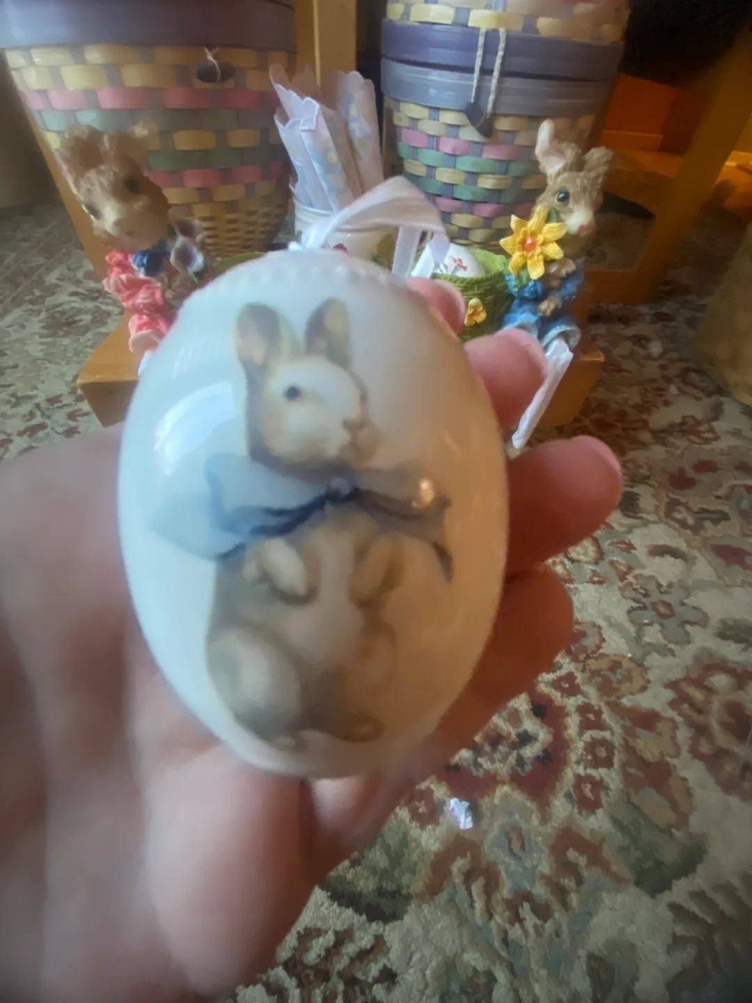 Pair of Vintage Easter Egg Ornaments with Bunnies and Chicks thumbnail