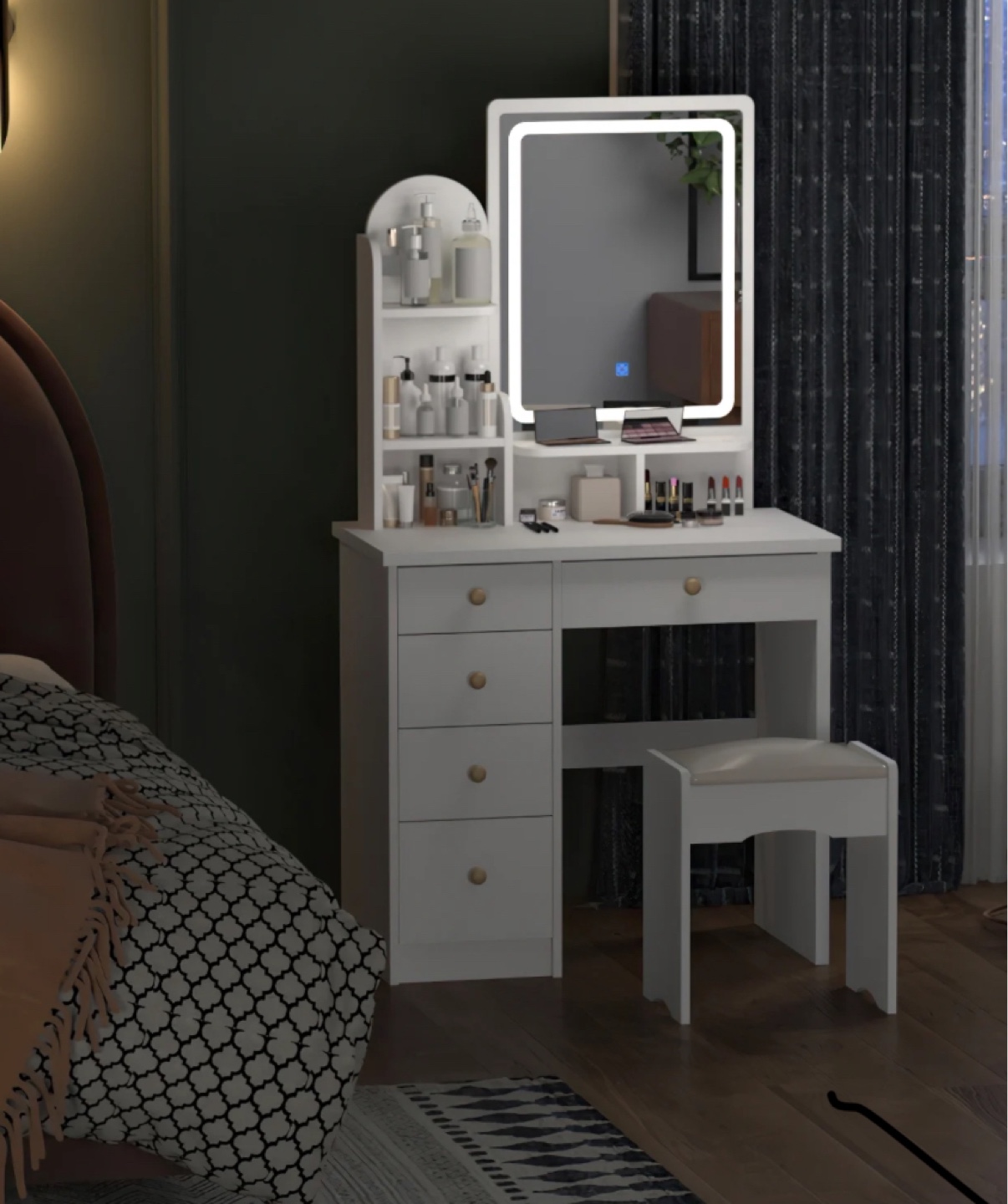 White Vanity Set with LED Lighted Mirror and Stool - photo 2