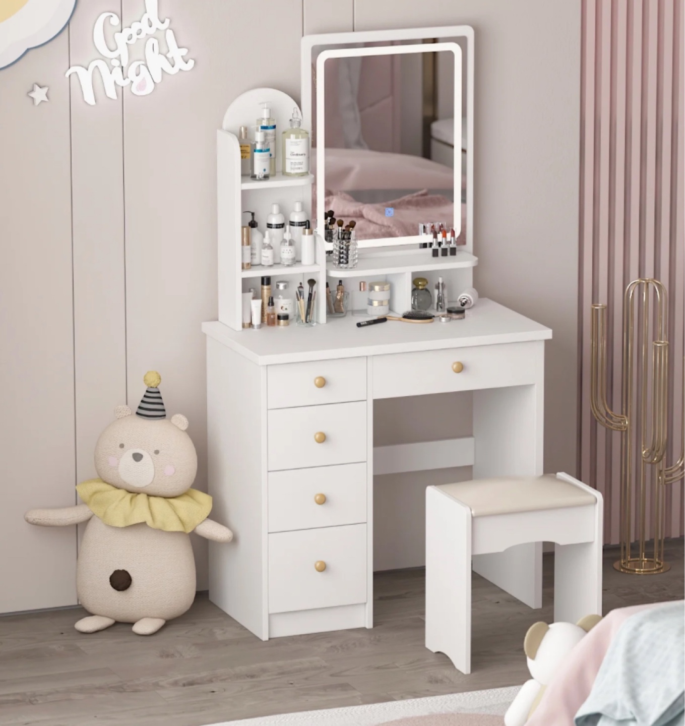 White Vanity Set with LED Lighted Mirror and Stool