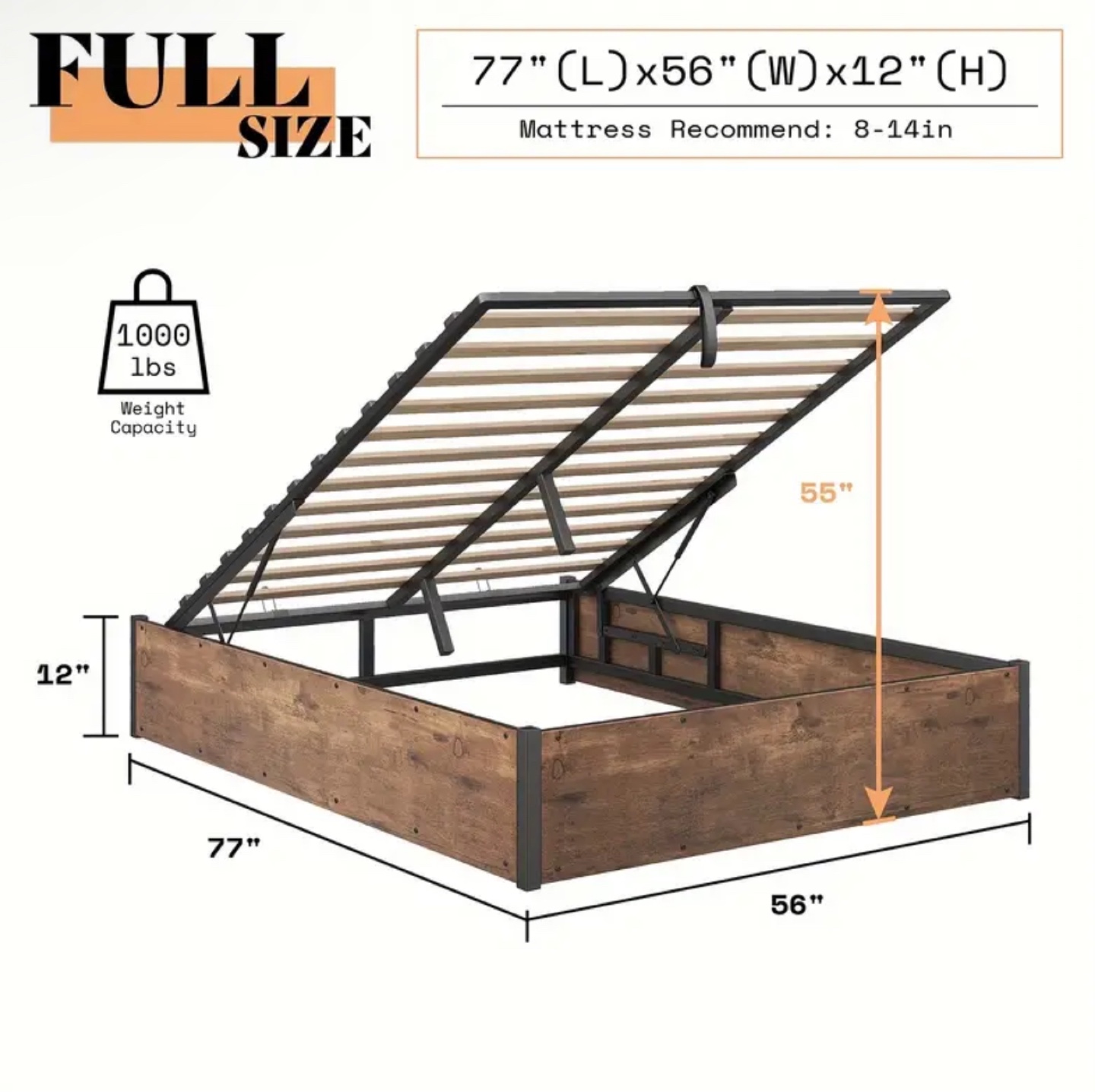 Full Sized mattress & Hydraulic Lift Storage Bed Frame