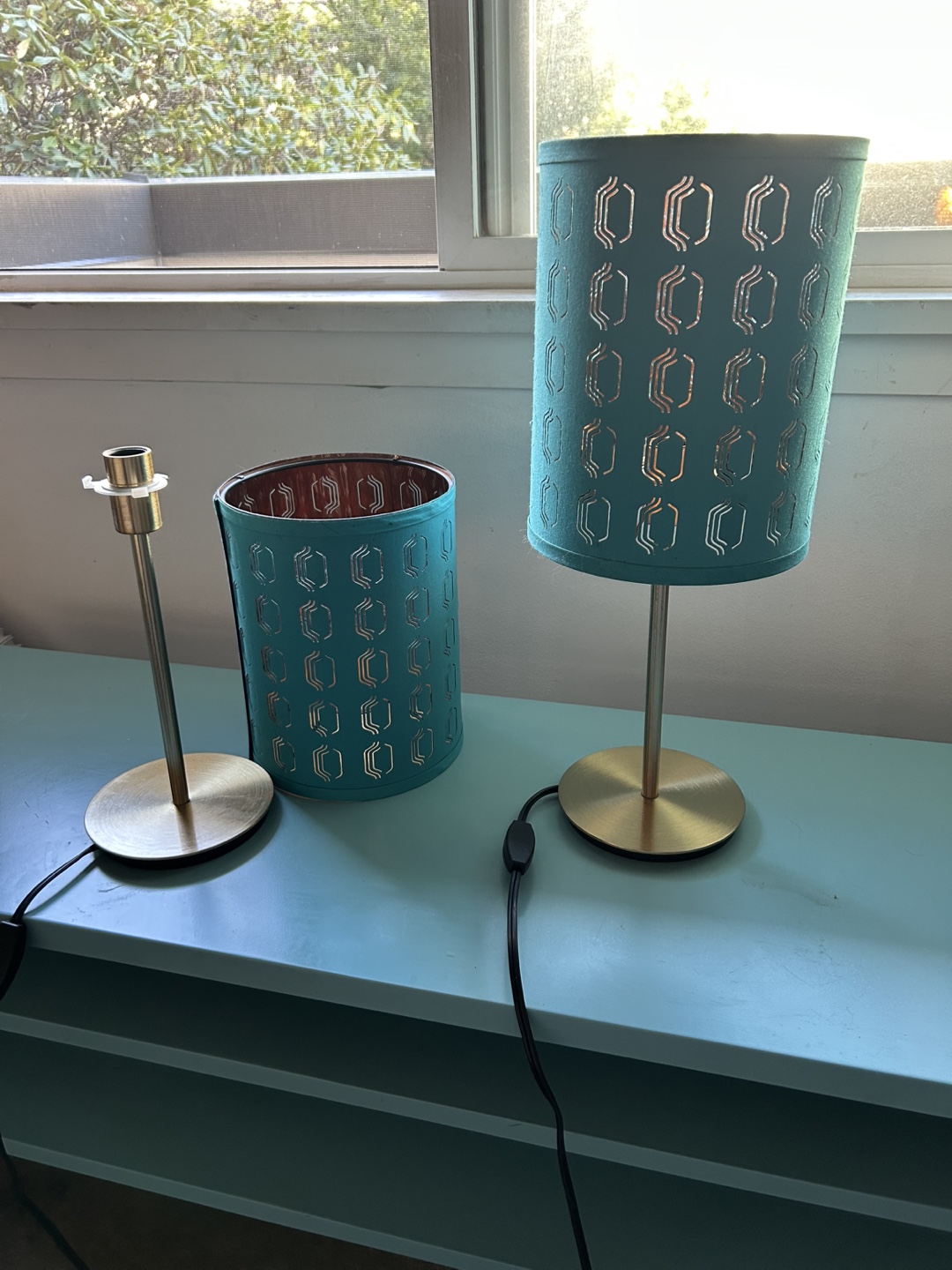 Turquoise IKEA NYMO Lamps with Gold SKAFTET Bases